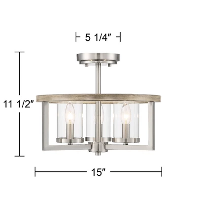 Possini Euro Design Senna Modern Industrial Ceiling Light Semi Flush Mount Fixture 15" Wide Brushed Nickel Gray Wood 3-Light Clear Glass For Bedroom 6 Possini Euro Design Senna Modern Industrial Ceiling Light Semi Flush Mount Fixture 15" Wide Brushed Nickel Gray Wood 3-Light Clear Glass For Bedroom - Image 6