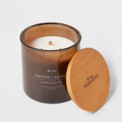 23oz XL 3-Wick Leather + Embers Wooden Amber Glass With Wood Lid And Stamped Logo Amber - Threshold™ 2 23oz XL 3-Wick Leather + Embers Wooden Amber Glass With Wood Lid And Stamped Logo Amber - Threshold™ - Image 2