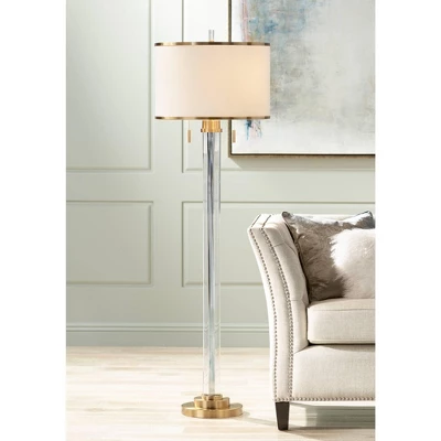 Possini Euro Design Cadence Modern Floor Lamp Standing 62" Tall Crystal Glass Column Satin Brass Linen Drum Shade For Living Room Bedroom Office House 1 Possini Euro Design Cadence Modern Floor Lamp Standing 62" Tall Crystal Glass Column Satin Brass Linen Drum Shade For Living Room Bedroom Office House