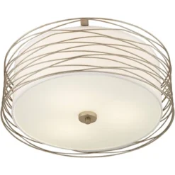 Possini Euro Design Modern Ceiling Light Flush Mount Fixture Antique Silver Leaf 18" Wide Wavy Spun White Drum For Bedroom Kitchen -Decoro Shop GUEST 6e794785 090f 4408 857a 540b895c84a4