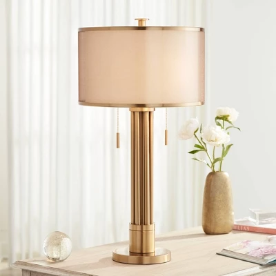 Possini Euro Design Granview Modern Table Lamp 32 1/2" Tall Brass Column Taupe Organza Outer Off White Linen Inner Drum Shade For Bedroom Living Room 1 Possini Euro Design Granview Modern Table Lamp 32 1/2" Tall Brass Column Taupe Organza Outer Off White Linen Inner Drum Shade For Bedroom Living Room