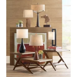 360 Lighting Omar Modern Table Lamp 28 3/4" Tall Warm Brown Wood Hourglass Oatmeal Fabric Drum Shade For Bedroom Living Room Bedside Nightstand Office -Decoro Shop GUEST d65b8b8a 1a44 478d 9722 ac58b50aba81