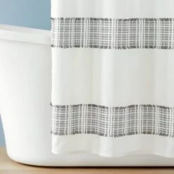 Clipped Jacquard Stripe Shower Curtain Sour Cream/Railroad Gray - Hearth & Hand™ With Magnolia
