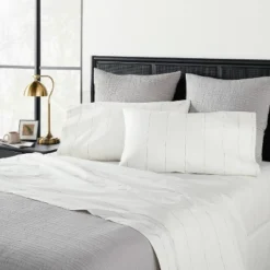 2pk Standard Cotton Percale Thin Stripe Pillowcase Set Sour Cream/Railroad Gray - Hearth & Hand™ With Magnolia